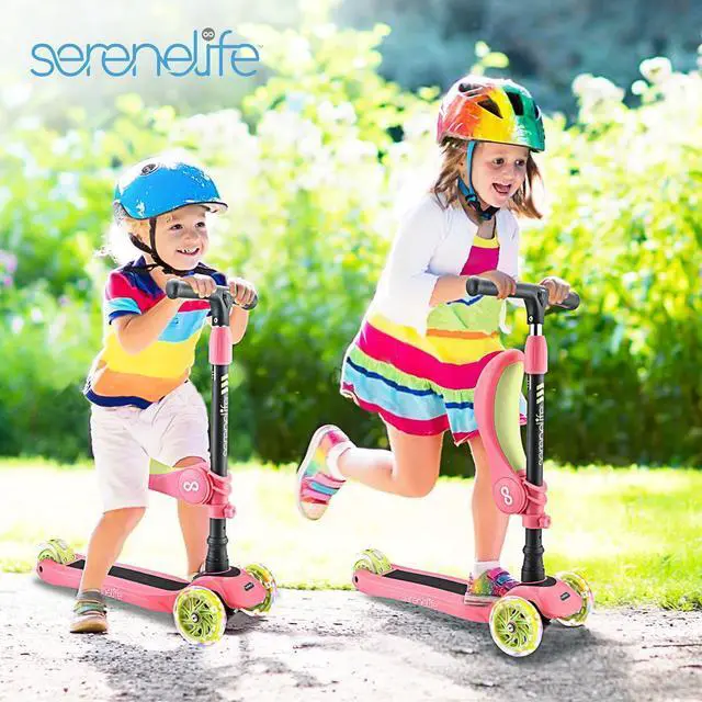 Alt view image 2 of 7 - SereneLife Infinity 3-Wheel Kids Scooter - Child & Toddler Toy Scooter with LED Wheel Lights, Fold-Out Comfort Seat (Watermelon) - SLKS39