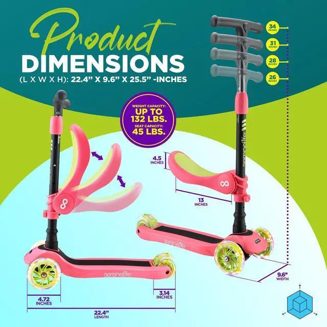 Alt view image 6 of 7 - SereneLife Infinity 3-Wheel Kids Scooter - Child & Toddler Toy Scooter with LED Wheel Lights, Fold-Out Comfort Seat (Watermelon) - SLKS39