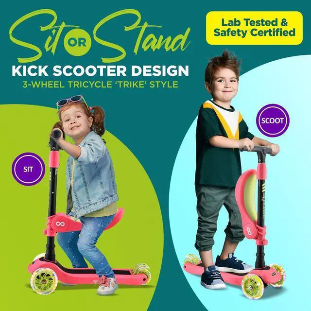 Alt view image 5 of 7 - SereneLife Infinity 3-Wheel Kids Scooter - Child & Toddler Toy Scooter with LED Wheel Lights, Fold-Out Comfort Seat (Watermelon) - SLKS39