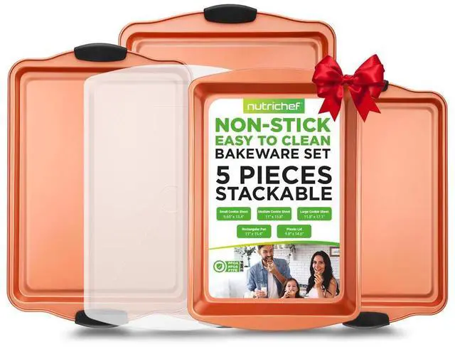Main image of NutriChef 5-Piece Home Kitchen Bake Pan Set - Non-Stick Carbon Steel, Commercial Grade Restaurant Quality, Includes Cookie Sheets, Rectangular Pan, and Plastic Lid - NC5PCS
