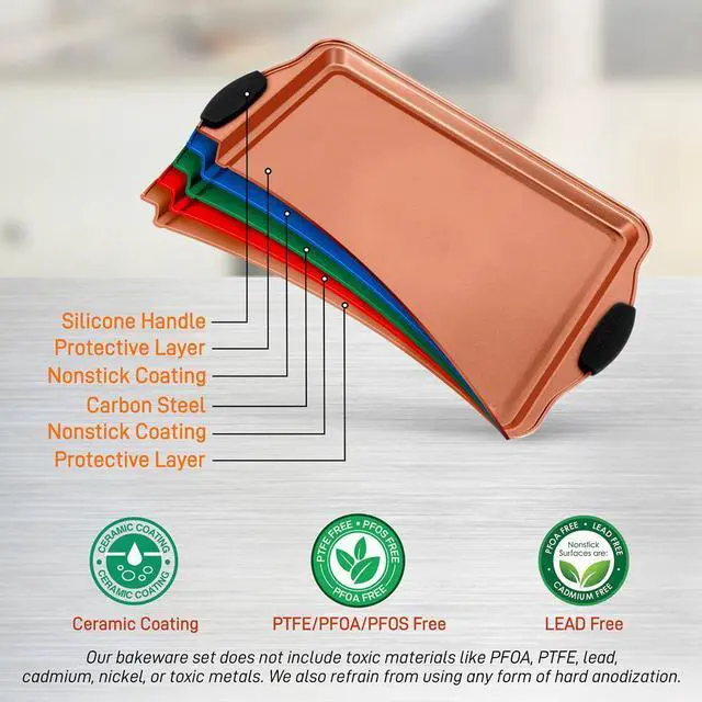 Alt view image 6 of 7 - NutriChef 5-Piece Home Kitchen Bake Pan Set - Non-Stick Carbon Steel, Commercial Grade Restaurant Quality, Includes Cookie Sheets, Rectangular Pan, and Plastic Lid - NC5PCS