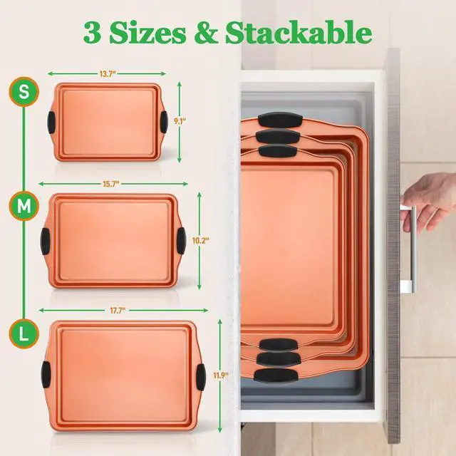 Alt view image 5 of 7 - NutriChef 3-Piece Carbon Steel Bakeware Set - Nonstick Cookie Sheets with Black Silicone Handles, Professional Grade - NCSBS3S45