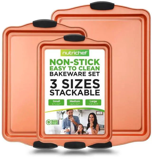 Main image of NutriChef 3-Piece Carbon Steel Bakeware Set - Nonstick Cookie Sheets with Black Silicone Handles, Professional Grade - NCSBS3S45