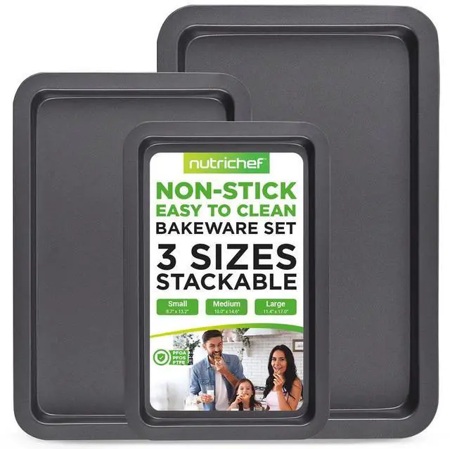 Main image of NutriChef 3-Piece Nonstick Cookie Sheet Baking Pan - Professional Quality Kitchen Cooking Non-Stick Bake Trays with Black Coating - NCZK3B