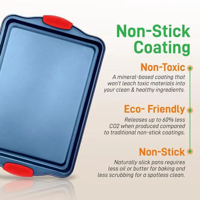 Alt view image 2 of 7 - NutriChef 3-Piece Nonstick Cookie Sheet Baking Pan Set - Deluxe Blue Coating with Red Silicone Handles, Professional Quality Carbon Steel - NCSBSBL3