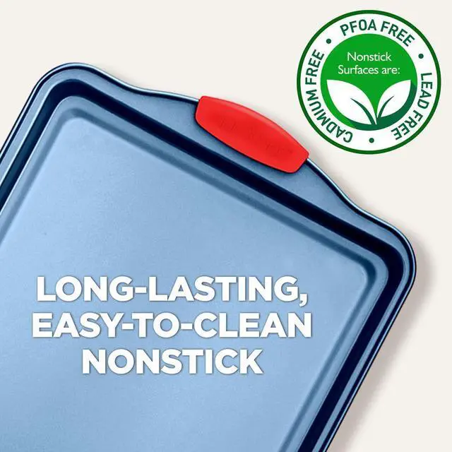 Alt view image 3 of 7 - NutriChef 3-Piece Nonstick Cookie Sheet Baking Pan Set - Deluxe Blue Coating with Red Silicone Handles, Professional Quality Carbon Steel - NCSBSBL3