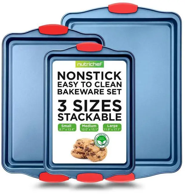 Main image of NutriChef 3-Piece Nonstick Cookie Sheet Baking Pan Set - Deluxe Blue Coating with Red Silicone Handles, Professional Quality Carbon Steel - NCSBSBL3
