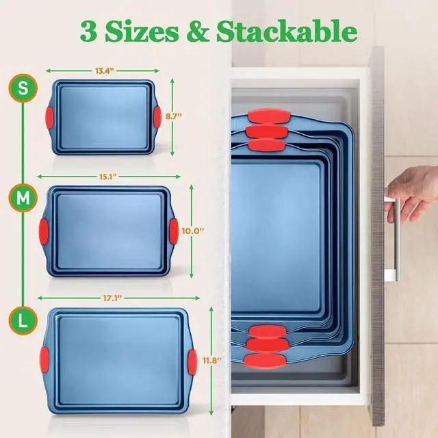 Alt view image 5 of 7 - NutriChef 3-Piece Nonstick Cookie Sheet Baking Pan Set - Deluxe Blue Coating with Red Silicone Handles, Professional Quality Carbon Steel - NCSBSBL3
