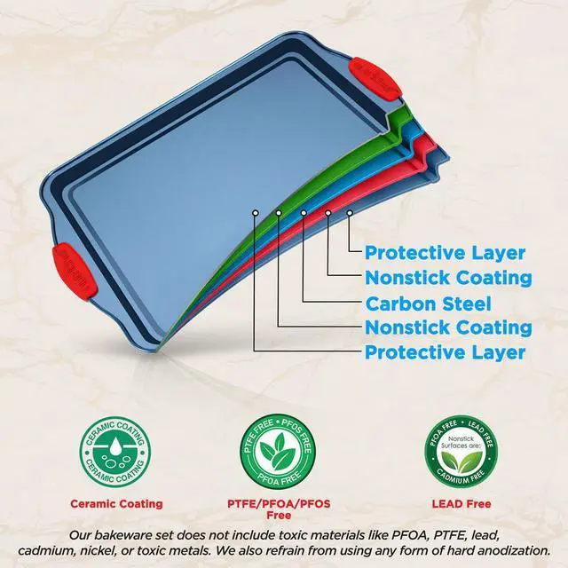Alt view image 4 of 7 - NutriChef 3-Piece Nonstick Cookie Sheet Baking Pan Set - Deluxe Blue Coating with Red Silicone Handles, Professional Quality Carbon Steel - NCSBSBL3