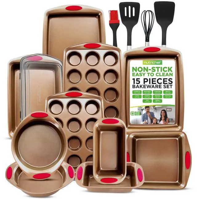 Main image of NutriChef 15pc Nonstick Carbon Steel Bakeware Set  Golden Coating, Red Silicone Handles - NCRRL15GLD