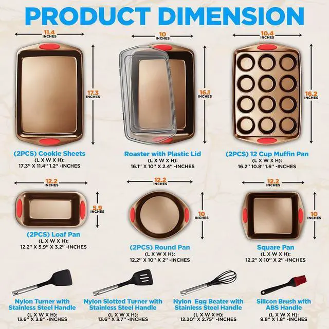 Alt view image 7 of 7 - NutriChef 15pc Nonstick Carbon Steel Bakeware Set  Golden Coating, Red Silicone Handles - NCRRL15GLD