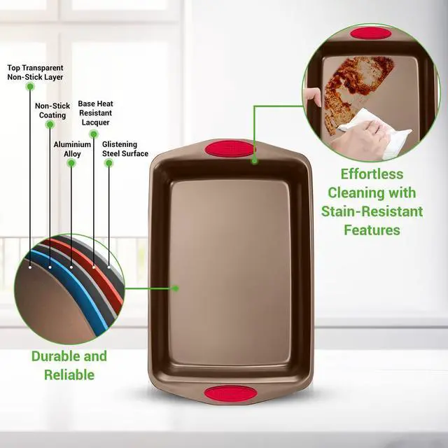 Alt view image 6 of 7 - NutriChef 6pc Nonstick Carbon Steel Bakeware Set  Golden Coating, Red Silicone Handles - NCRRL6GLD