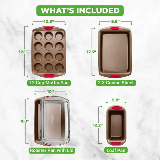 Alt view image 2 of 7 - NutriChef 6pc Nonstick Carbon Steel Bakeware Set  Golden Coating, Red Silicone Handles - NCRRL6GLD