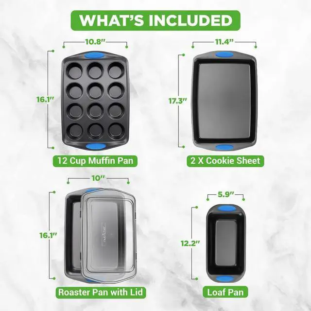 Alt view image 3 of 7 - NutriChef 6pc Nonstick Carbon Steel Bakeware Set  Gray Coating, Blue Silicone Handles - NCRRL6GRY