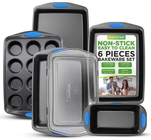 Main image of NutriChef 6pc Nonstick Carbon Steel Bakeware Set  Gray Coating, Blue Silicone Handles - NCRRL6GRY