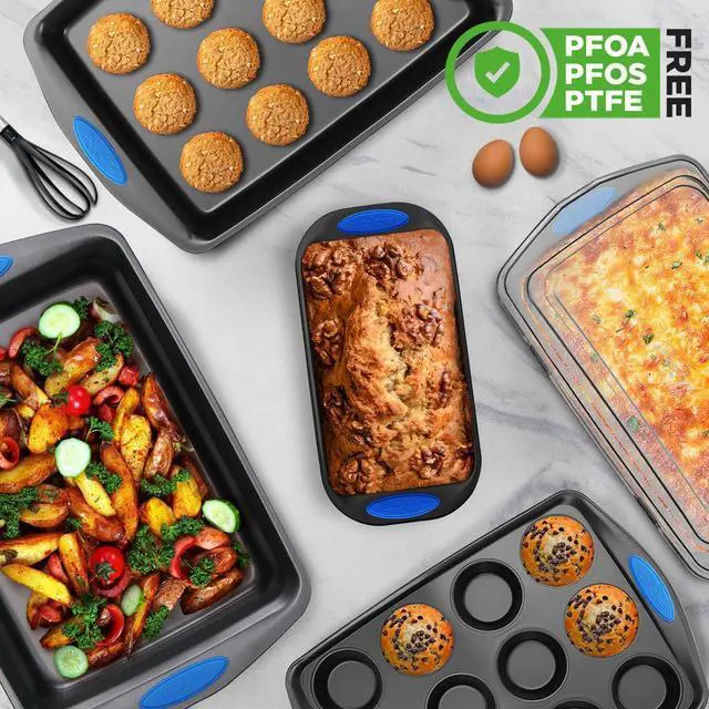 Alt view image 7 of 7 - NutriChef 6pc Nonstick Carbon Steel Bakeware Set  Gray Coating, Blue Silicone Handles - NCRRL6GRY