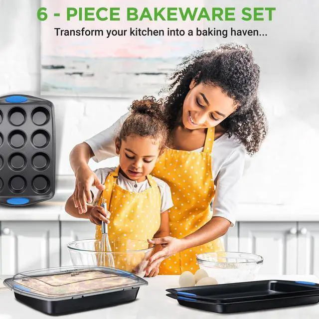 Alt view image 5 of 7 - NutriChef 6pc Nonstick Carbon Steel Bakeware Set  Gray Coating, Blue Silicone Handles - NCRRL6GRY