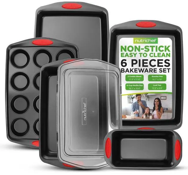 Main image of NutriChef 6pc Nonstick Carbon Steel Bakeware Set  Black Coating, Red Silicone Handles - NCRRL6BLK