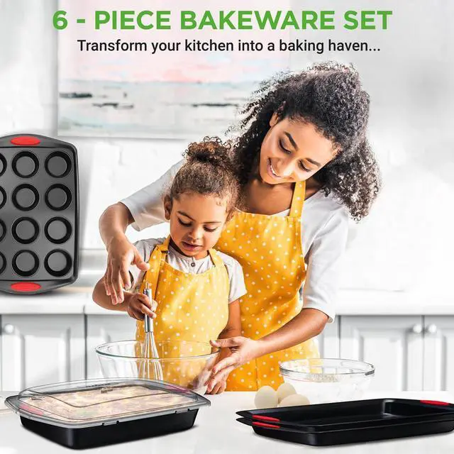 Alt view image 2 of 7 - NutriChef 6pc Nonstick Carbon Steel Bakeware Set  Black Coating, Red Silicone Handles - NCRRL6BLK