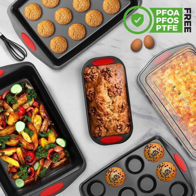 Alt view image 7 of 7 - NutriChef 6pc Nonstick Carbon Steel Bakeware Set  Black Coating, Red Silicone Handles - NCRRL6BLK