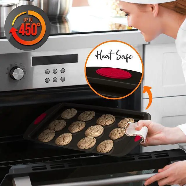 Alt view image 7 of 7 - NutriChef 2pc Nonstick Carbon Steel Baking Pan Set  Black Coating, Red Silicone Handles - NCRL2SBLK