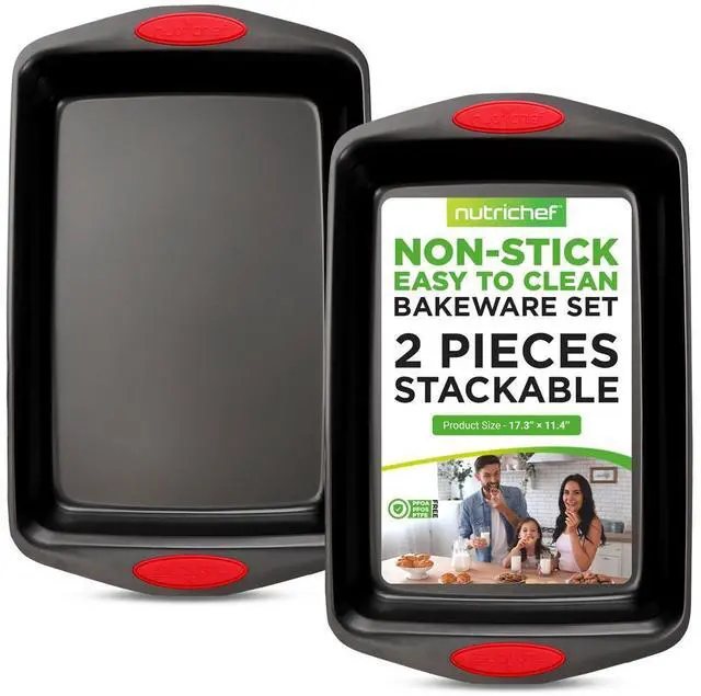 Main image of NutriChef 2pc Nonstick Carbon Steel Baking Pan Set  Black Coating, Red Silicone Handles - NCRL2SBLK