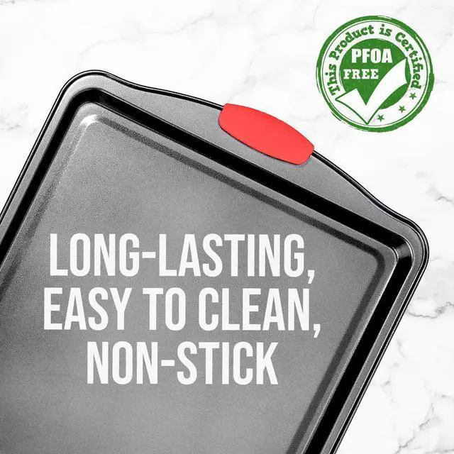 Alt view image 5 of 6 - NutriChef Large Nonstick Cookie Sheet  Gray Coating, Red Silicone Handles - BKNCSBS3SLARGCS