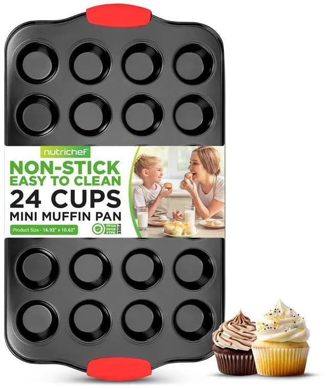 Main image of NutriChef 24-Cup Muffin Pan  Nonstick Gray Coating, Red Silicone Handles - BKNCSBS10SMUFP