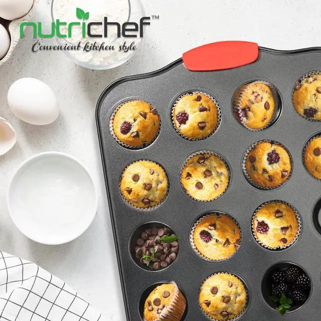 Alt view image 5 of 6 - NutriChef 24-Cup Muffin Pan  Nonstick Gray Coating, Red Silicone Handles - BKNCSBS10SMUFP