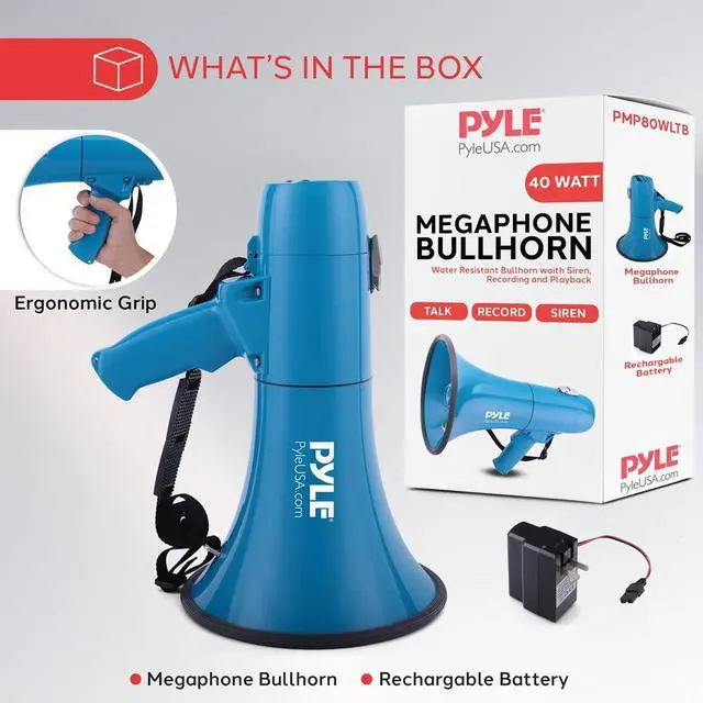 Alt view image 2 of 7 - Pyle 40W Megaphone Siren Bullhorn Speaker  Waterproof, Rechargeable, Portable - PMP80WLTB (Blue)
