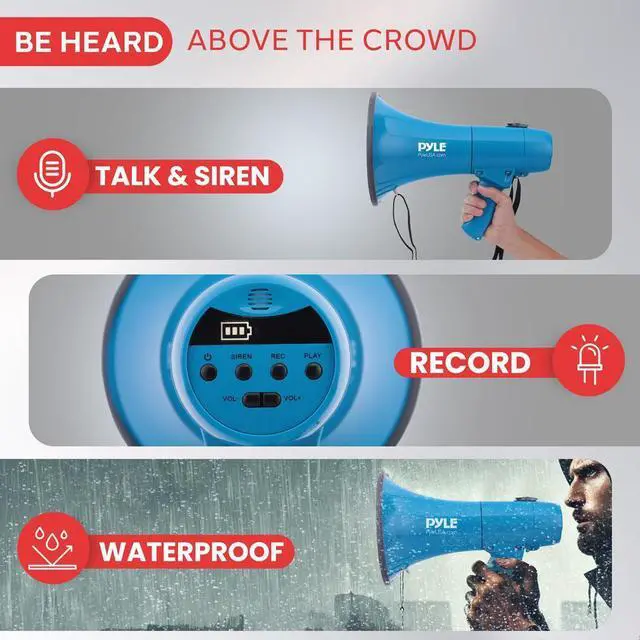 Alt view image 5 of 7 - Pyle 40W Megaphone Siren Bullhorn Speaker  Waterproof, Rechargeable, Portable - PMP80WLTB (Blue)
