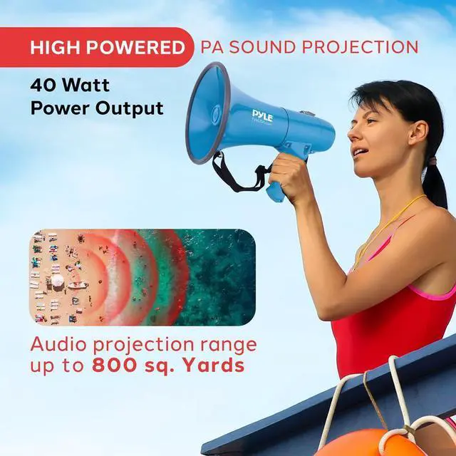 Alt view image 7 of 7 - Pyle 40W Megaphone Siren Bullhorn Speaker  Waterproof, Rechargeable, Portable - PMP80WLTB (Blue)