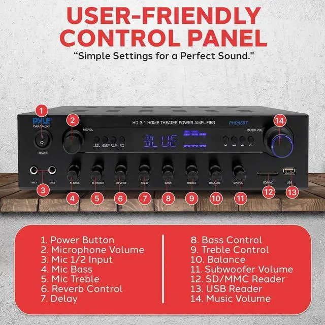 Alt view image 5 of 7 - Pyle 400W Power Bluetooth Stereo Amplifier Receiver  FM Radio, USB & SD Card, Microphone Inputs - PHDA6BT