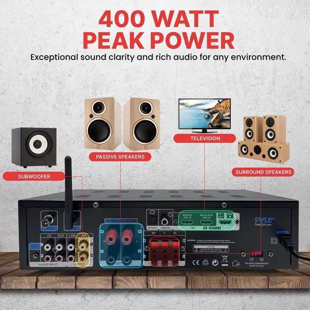 Alt view image 2 of 7 - Pyle 400W Power Bluetooth Stereo Amplifier Receiver  FM Radio, USB & SD Card, Microphone Inputs - PHDA6BT