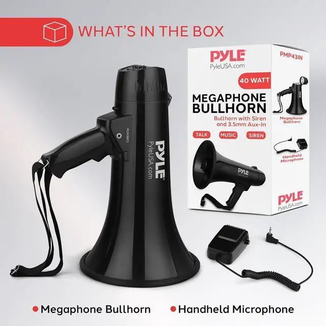 Alt view image 2 of 7 - Pyle 40W Megaphone with Aux/MP3 Input  Talk, Siren & Music Modes, Handheld Microphone - PMP43IN