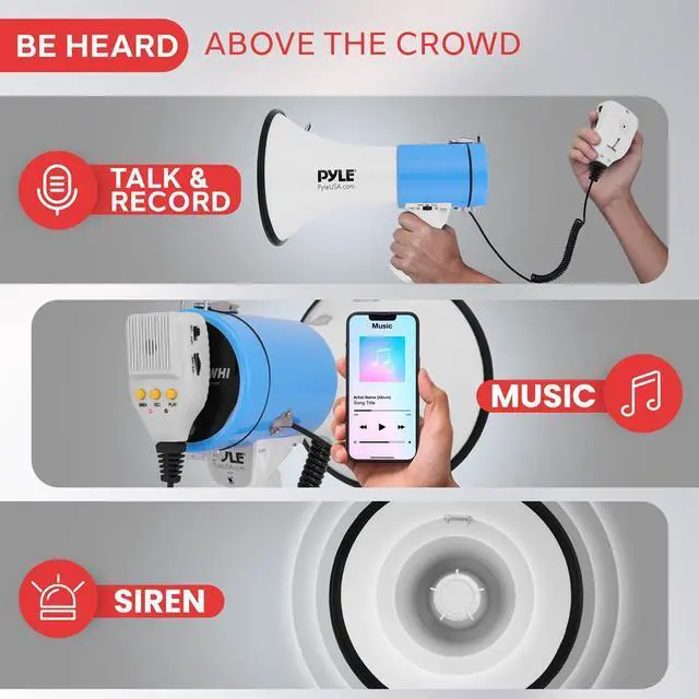 Alt view image 4 of 7 - Pyle 50W Portable Megaphone Bullhorn  Aux/MP3 Input, Siren, Music, Whistle, 60-Second Recording - PMPRA515WHI (White)