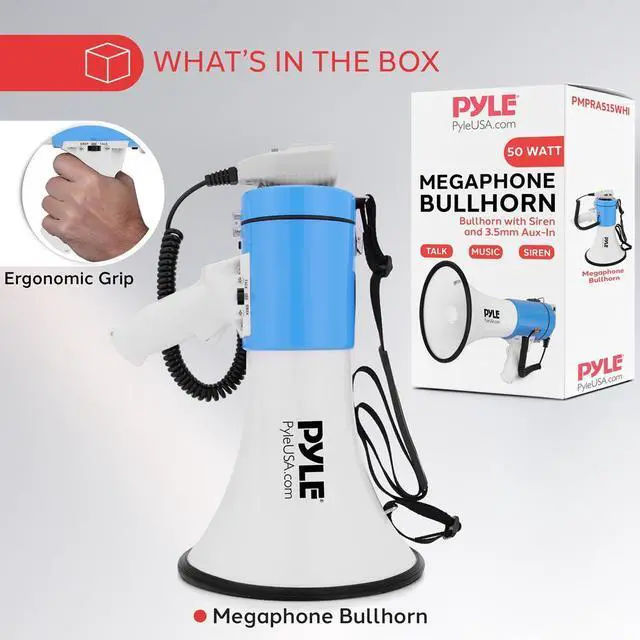 Alt view image 3 of 7 - Pyle 50W Portable Megaphone Bullhorn  Aux/MP3 Input, Siren, Music, Whistle, 60-Second Recording - PMPRA515WHI (White)