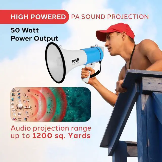 Alt view image 2 of 7 - Pyle 50W Portable Megaphone Bullhorn  Aux/MP3 Input, Siren, Music, Whistle, 60-Second Recording - PMPRA515WHI (White)