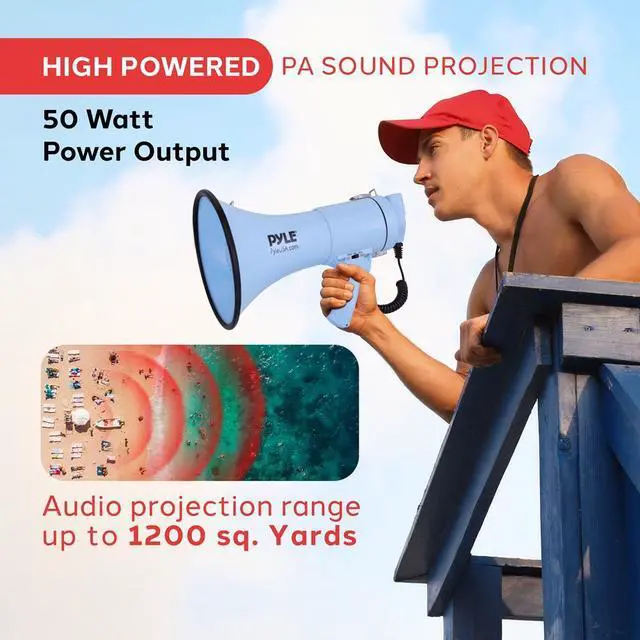 Alt view image 6 of 7 - Pyle PMPRA514BL Portable Speaker Bullhorn Megaphone with Siren, 50-Watt, Aux Input, Blue