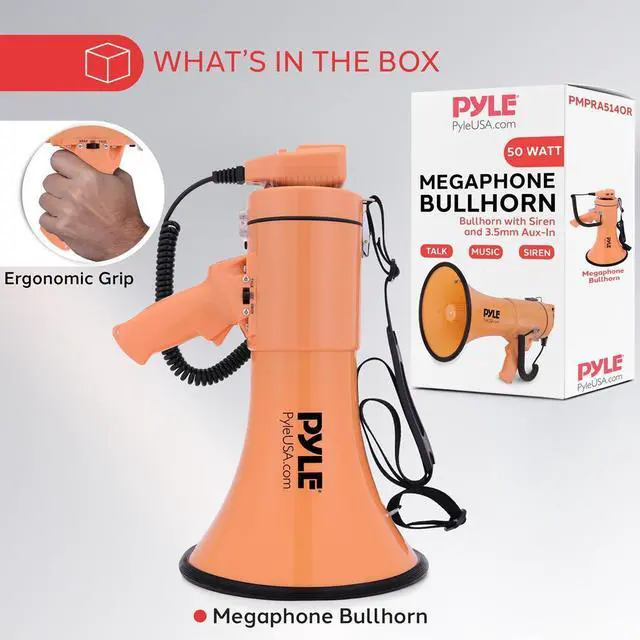 Alt view image 3 of 7 - Pyle PMPRA514OR Portable Speaker Bullhorn Megaphone with Siren, 50-Watt, Aux Input, Orange