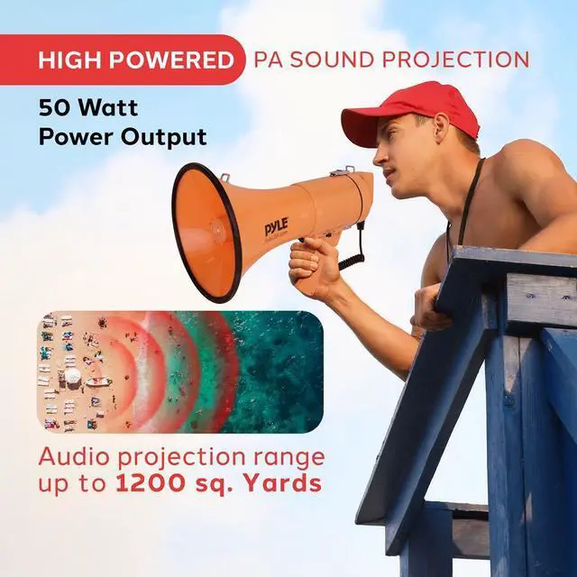 Alt view image 5 of 7 - Pyle PMPRA514OR Portable Speaker Bullhorn Megaphone with Siren, 50-Watt, Aux Input, Orange