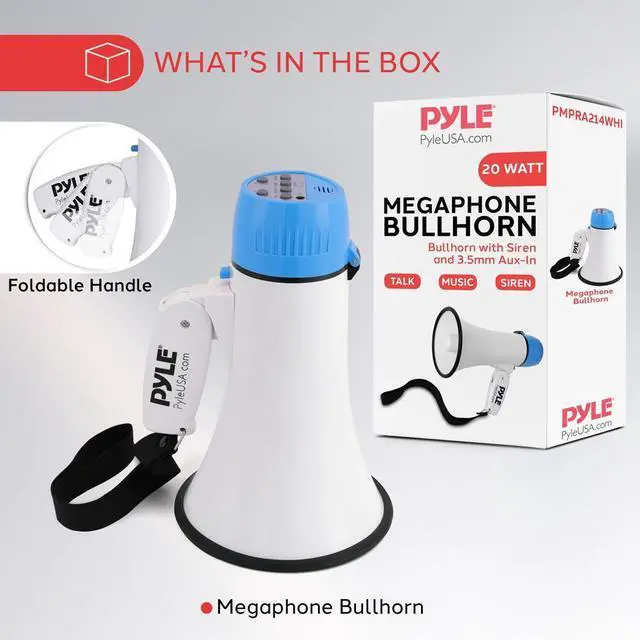 Alt view image 3 of 7 - Pyle PMPRA214WHI Portable Speaker Bullhorn Megaphone with Siren, 20-Watt, Aux Input, White