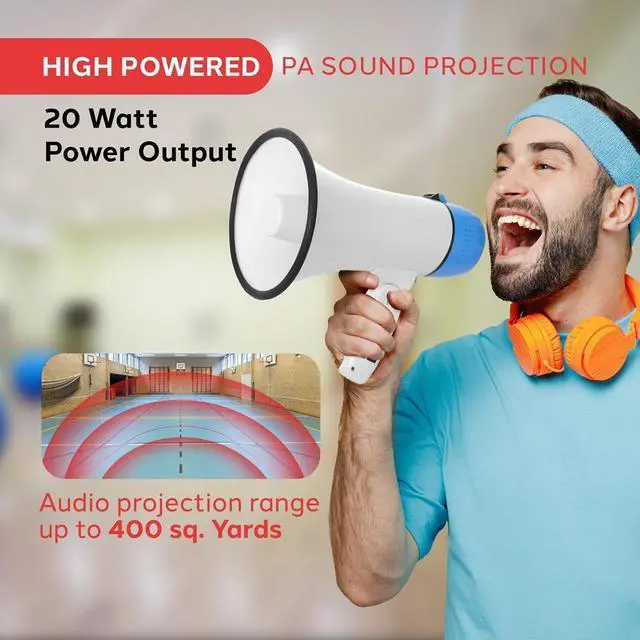 Alt view image 7 of 7 - Pyle PMPRA214WHI Portable Speaker Bullhorn Megaphone with Siren, 20-Watt, Aux Input, White