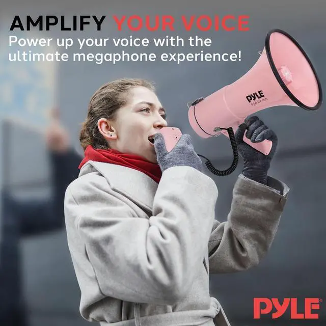 Alt view image 2 of 6 - Pyle PMPRA514PK Portable Speaker Bullhorn Megaphone with Siren, 50-Watt, Aux Input, Handheld Mic, Pink