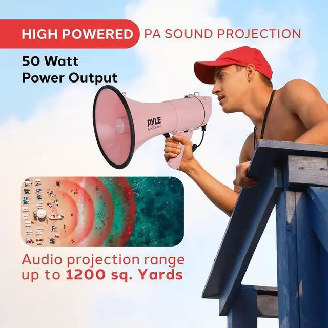 Alt view image 4 of 6 - Pyle PMPRA514PK Portable Speaker Bullhorn Megaphone with Siren, 50-Watt, Aux Input, Handheld Mic, Pink
