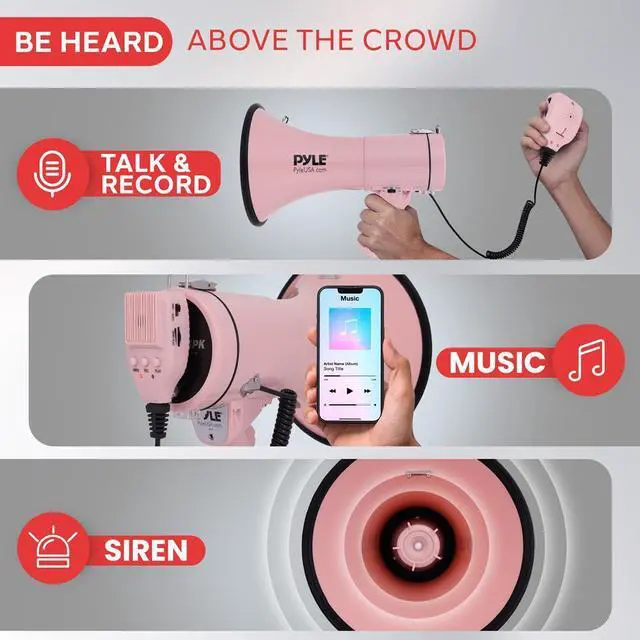 Alt view image 6 of 6 - Pyle PMPRA514PK Portable Speaker Bullhorn Megaphone with Siren, 50-Watt, Aux Input, Handheld Mic, Pink