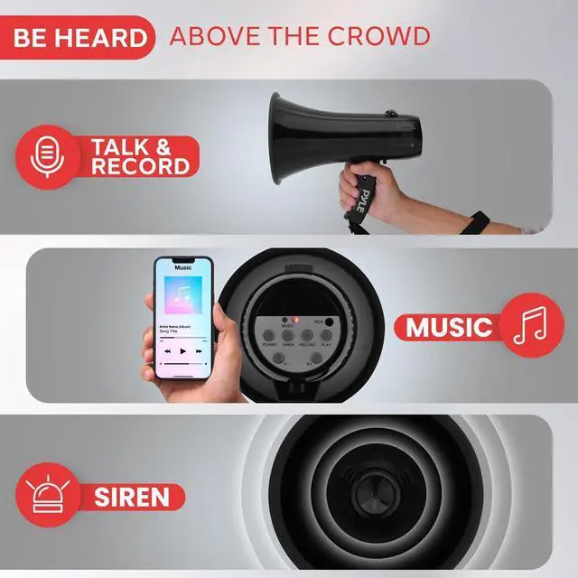Alt view image 4 of 7 - Pyle PMPRA213BK Portable Speaker Bullhorn Megaphone with Siren, 20-Watt, Aux Input, Black