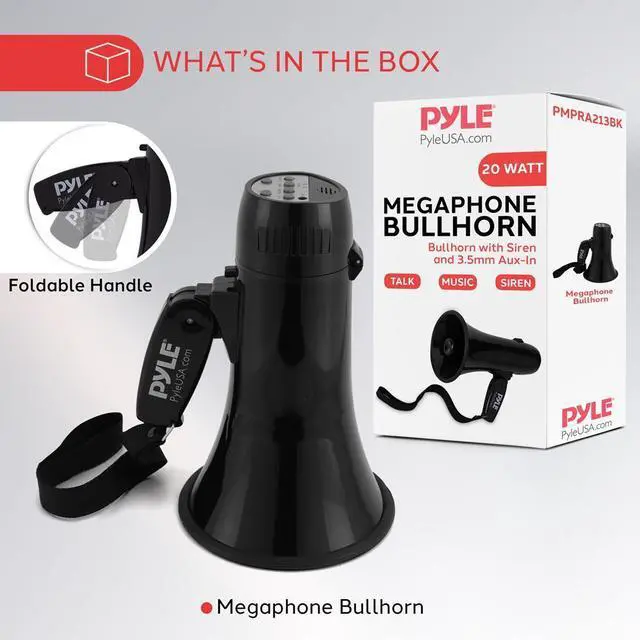 Alt view image 2 of 7 - Pyle PMPRA213BK Portable Speaker Bullhorn Megaphone with Siren, 20-Watt, Aux Input, Black