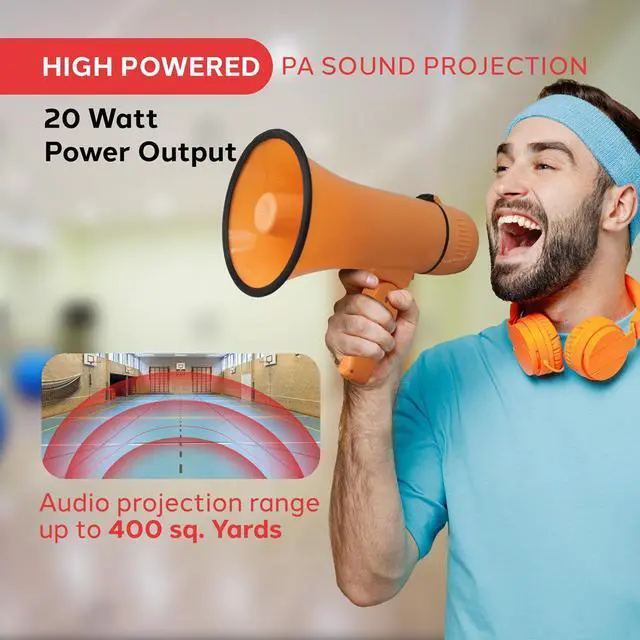 Alt view image 5 of 6 - Pyle PMPRA213OR Portable Speaker Bullhorn Megaphone with Siren, 20-Watt, Aux Input, Orange