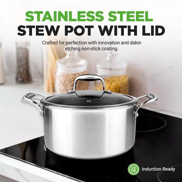 Alt view image 6 of 7 - NutriChef NC3PCAS Stainless Steel Stew Pot with Glass Lid, 5 Quart, Triply Stainless Steel Cookware with DAKIN Etching Non-Stick Coating